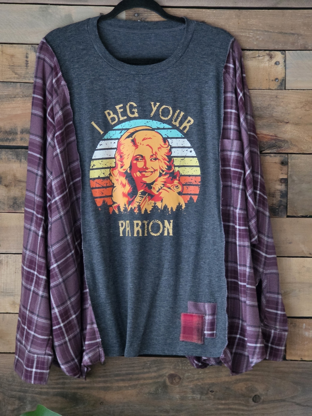 Upcycled Graphic T-shirt With Plaid Long Sleeves